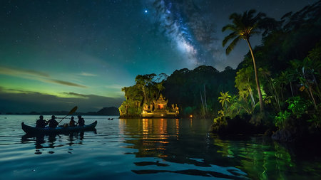 Unidentified people rowing boat at night on Bali island, Indonesiaの素材