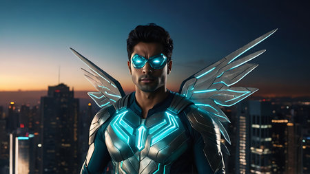 Cyborg with wings in his hands against the background of a futuristic cityの素材