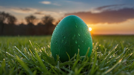 Green easter egg on green grass with sunset in the background.の素材