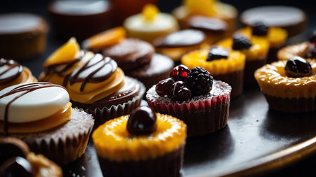 Cupcakes with berries and chocolate on a black background. Selective focus.の素材