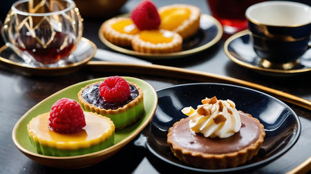 assortment of cakes and cup of tea on black wooden table.の素材