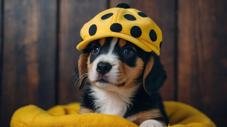 Cute Beagle puppy wearing a yellow hat on wooden background.の素材
