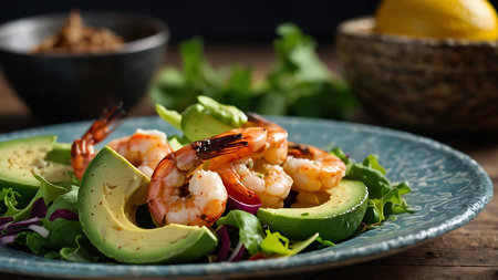 Salad with shrimps, avocado and lettuce on a plateの素材