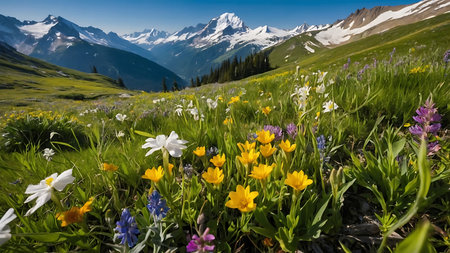 Alpine meadow with wild flowers and snowcapped mountains in backgroundの素材