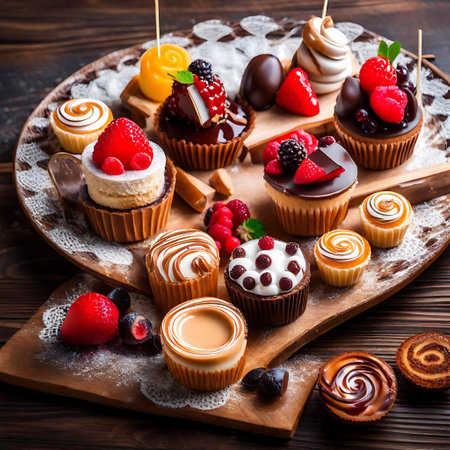Assortment of different cakes on wooden table. Selective focus.の素材