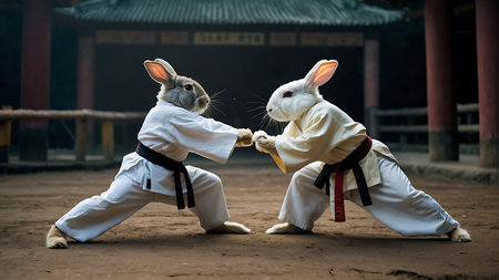 Rabbit in kimono fighting in a karate class.の素材