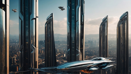 Futuristic spaceship flying over the modern city. 3D renderingの素材