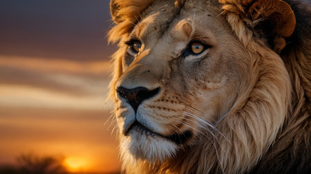 Portrait of a lion at sunset in Kruger Park, South Africaの素材