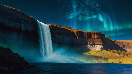 Aurora borealis over Seljalandsfoss waterfall, Icelandの素材