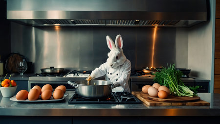 Cute little white rabbit with eggs in the kitchen. Easter concept.の素材