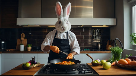 bunny chef in apron cooking omelette in frying panの素材