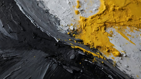 Abstract oil painting on canvas with yellow and black colors, close upの素材