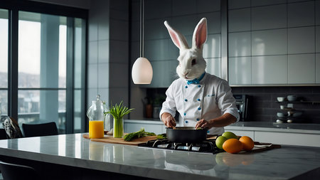 easter bunny cook in rabbit costume with frying pan in modern kitchenの素材