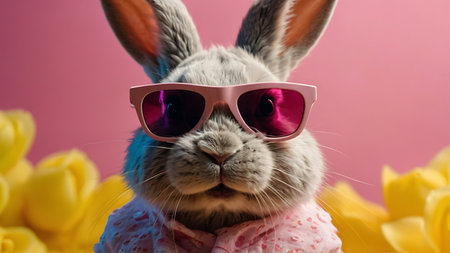 Easter bunny with sunglasses and tulips on pink background, closeupの素材