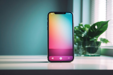 Smartphone with blank screen on white table. 3D Renderingの素材