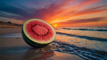 Watermelon on the beach at sunset. Beautiful nature background with copy space.の素材