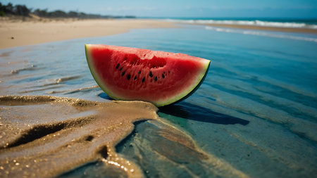 Watermelon on the beach with blue sky and sea in the backgroundの素材