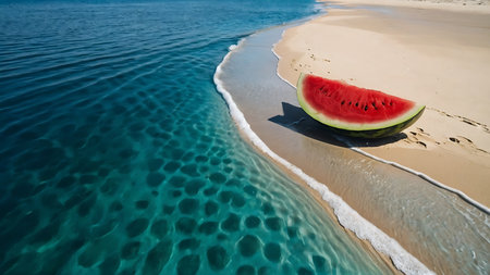 A slice of watermelon on a sandy beach in the Maldivesの素材