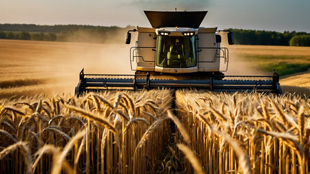 Combine harvester in action on wheat field. Harvesting conceptの素材