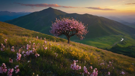 Beautiful spring landscape with blooming tree in the mountains at sunsetの素材