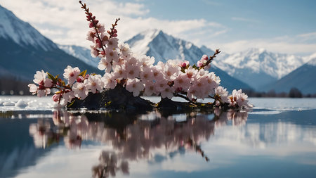 cherry blossom on the lake in front of snow capped mountainsの素材