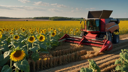 Combine harvester working on a sunflower field in summerの素材