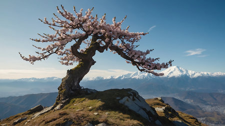 cherry blossom tree on the top of the mountain in Switzerlandの素材