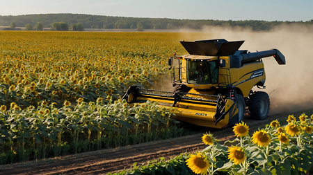 Sunflower harvester working on a large sunflower field.の素材