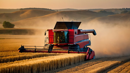 Combine harvester working on wheat field at sunset. Agricultural machineryの素材