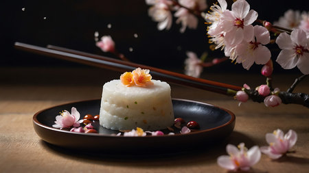Japanese sushi with sakura cherry blossom and chopsticks on wooden tableの素材