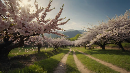 Spring landscape with blooming cherry trees in full bloom, road and skyの素材