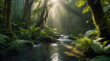 Sunlight in the rainforest of Costa Rica, Central America.の素材