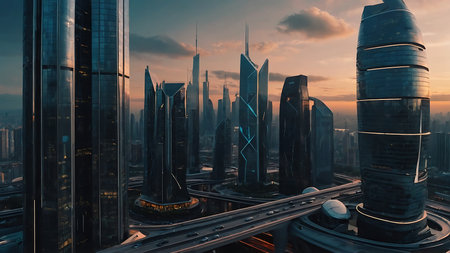 Skyscrapers in modern city at sunset. 3d renderingの素材