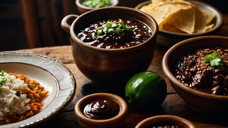 Traditional mexican chili con carne served in clay pots.の素材