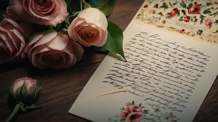 Pink roses on a wooden background with a letter to Santa Claus.の素材