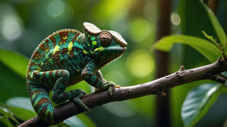 Chameleon on a branch in the rainforest of Thailand.の素材