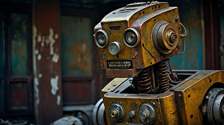 Old rusty robot on the background of an old abandoned building. Conceptual image.の素材