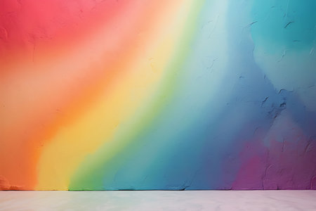 Rainbow colors on a wall in a room with a white floorの素材