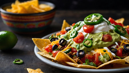 Mexican nachos with guacamole, cheese and vegetablesの素材