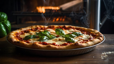Pizza with mozzarella cheese and basil on a wooden tableの素材