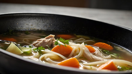 Chicken noodle soup in black bowl on wooden table, closeupの素材