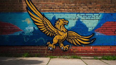 National flag of the Republic of Moldova painted on an old brick wall. The concept of national pride and symbol of the countryの素材
