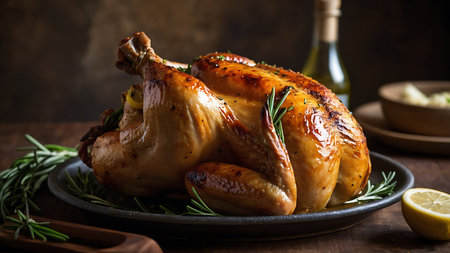 Baked whole chicken with lemon and rosemary on rustic wooden backgroundの素材