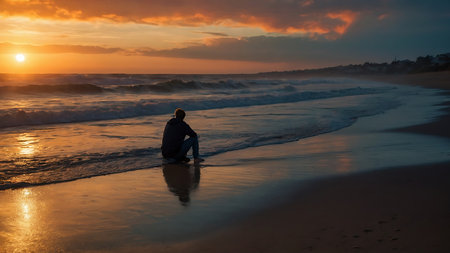 Young man sitting on the beach and watching the sunset over the oceanの素材