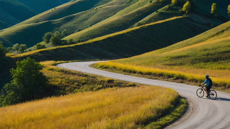 Cyclist on a road in Tuscany, Italy.の素材