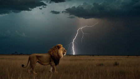 Lion in the savanna of Africa. Thunderstorm and lightning.の素材