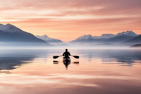 Silhouette of a woman kayaking on a calm lake at sunsetの素材
