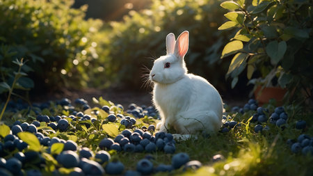 White rabbit sitting on blueberries in the garden in the evening light.の素材