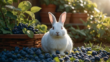 Rabbit with blueberries in the garden. Selective focus.の素材
