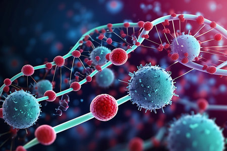 3d render of DNA molecule with red blood cells on blue backgroundの素材